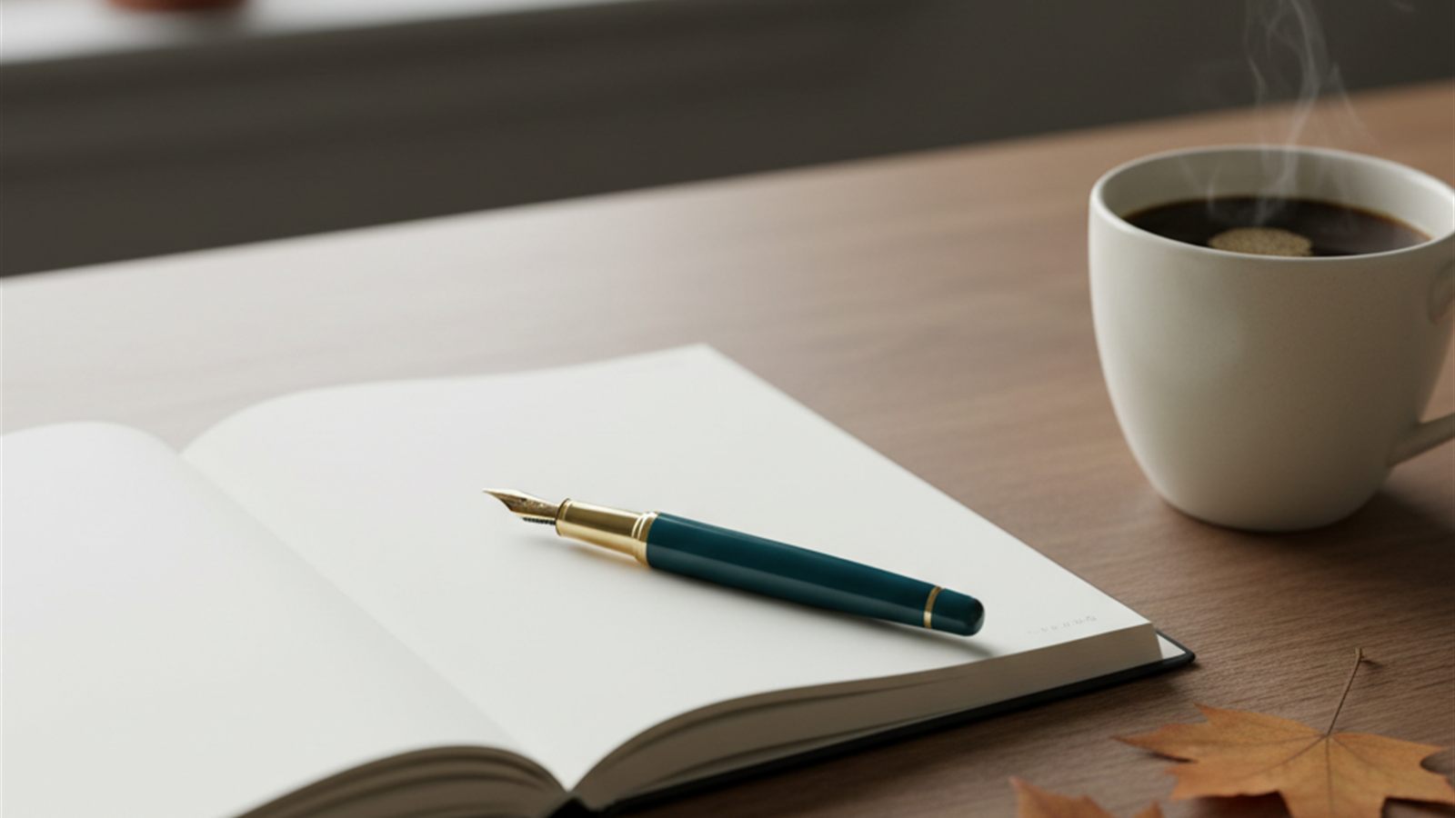 An open blank weekly planner with a pen, maple leaves, and a mug of coffee on an autumn desk.