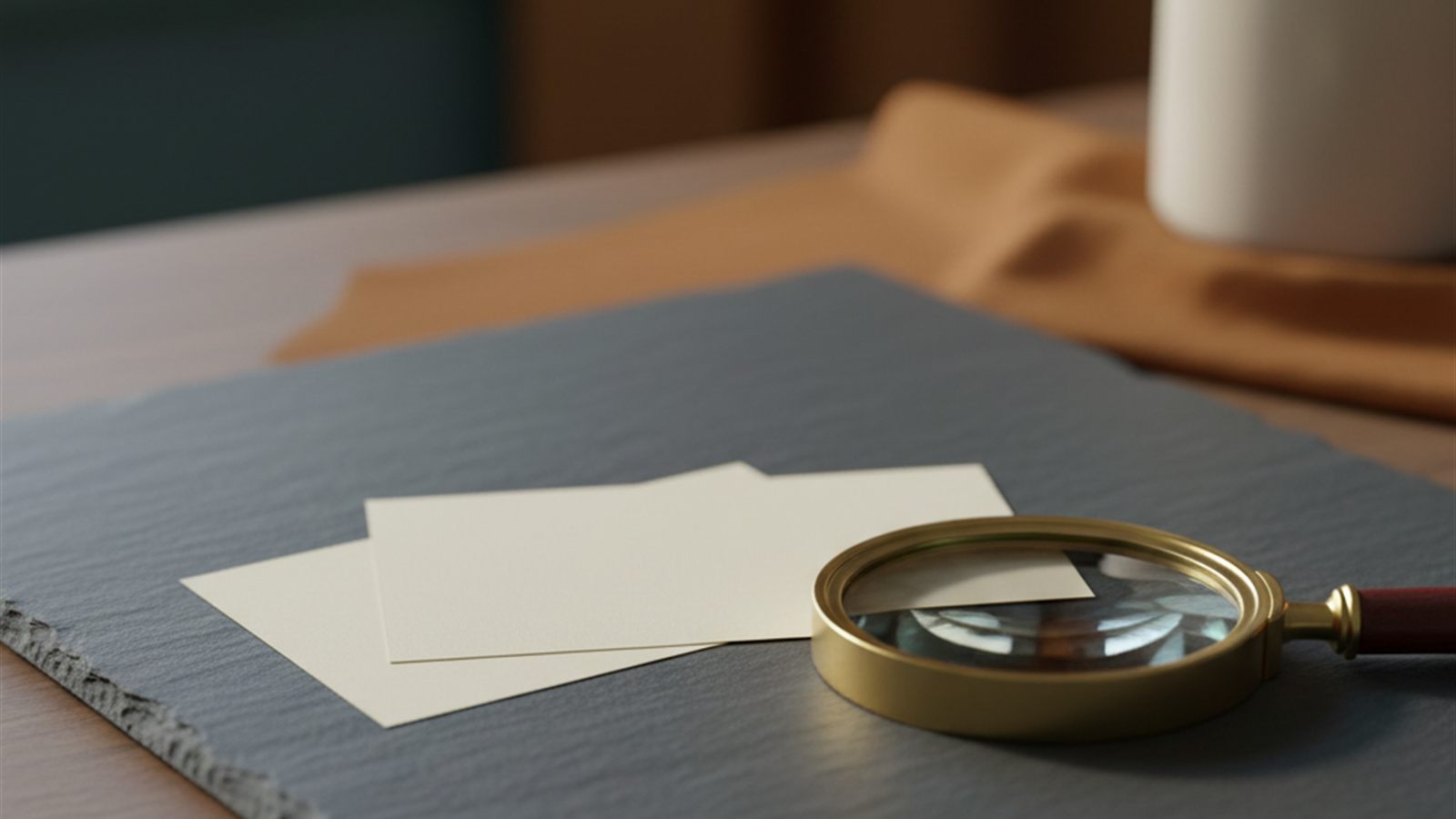 Two plain blank cards laid side by side on a slate surface with a brass magnifying glass resting beside them.