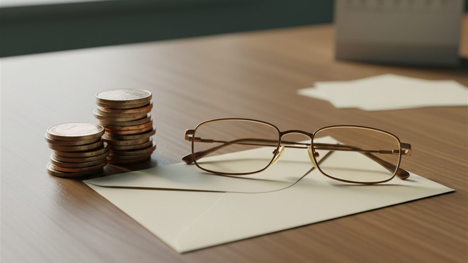 Coins, a blank envelope, and reading glasses on a warm wooden table in soft morning light.