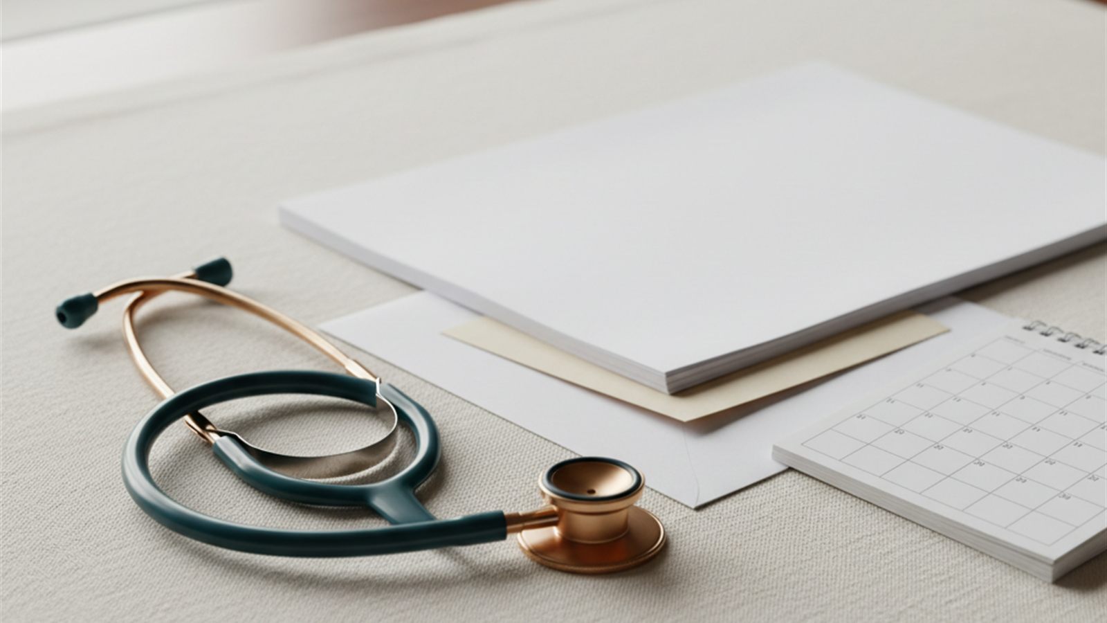 A stethoscope loosely coiled beside a neat stack of blank white paper on soft linen.