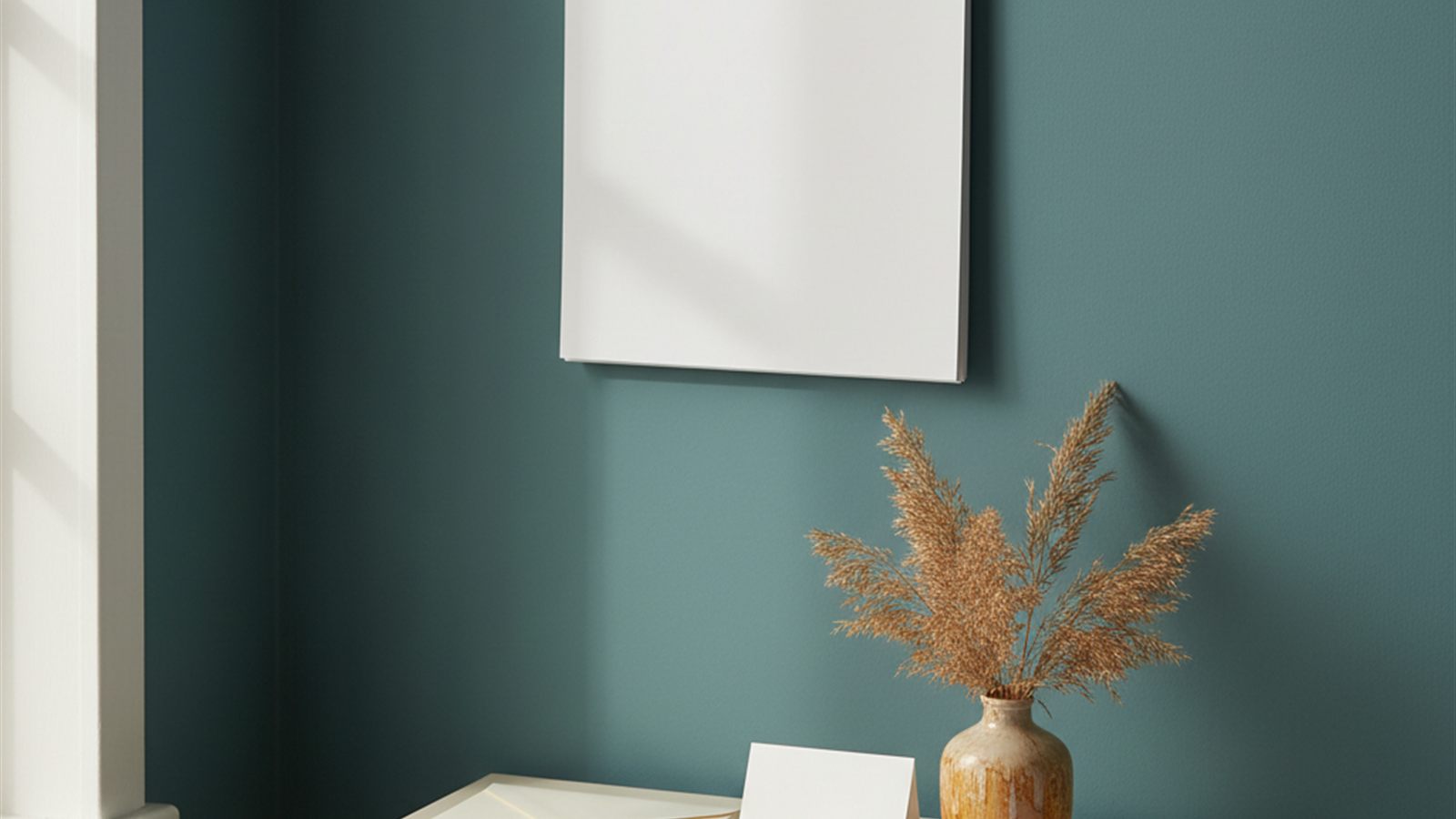 A wall calendar with completely blank pages hanging on a muted teal wall, with a small vase of dried autumn grass on a side table below.