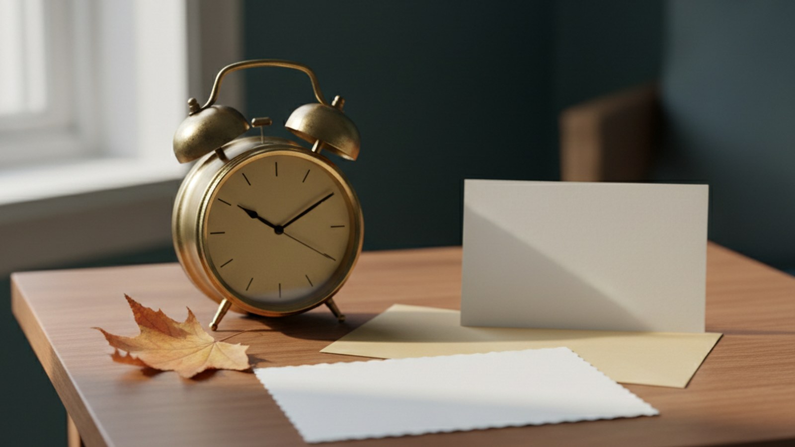 A small brass alarm clock beside a blank cream envelope and blank notecard on a warm walnut side table, with a dried maple leaf.