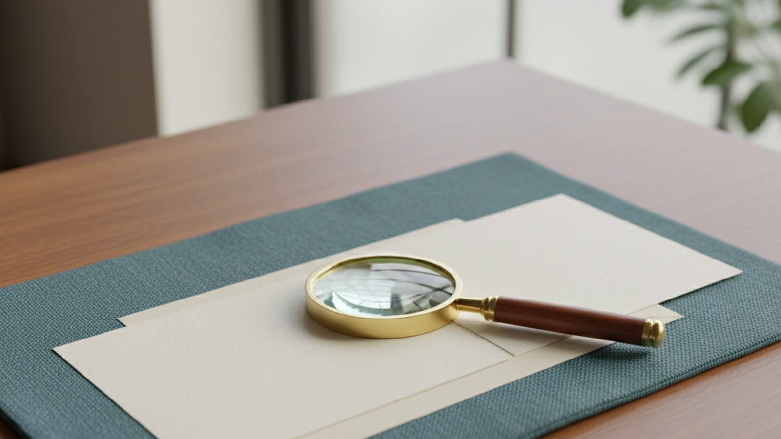 Two plain blank white cards, one overlapping the other, with a brass magnifying glass resting across them on a wooden desk.